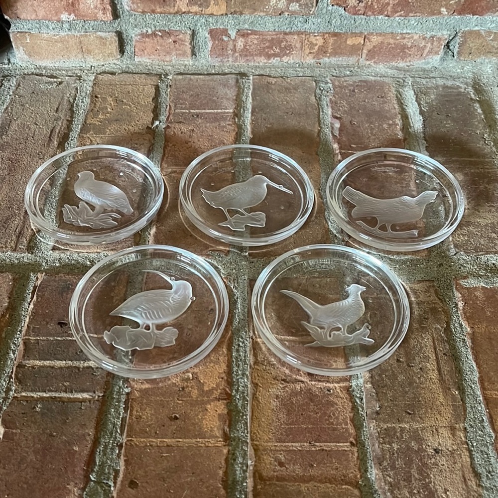 Vtg Val St. Lambert Etched Glass Bird Coasters Set of 5
